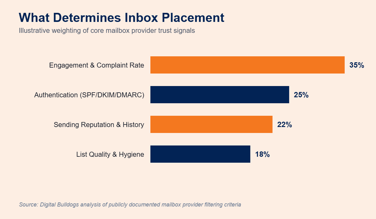 Chart showing what determines inbox placement: engagement and complaint rate 35%, authentication 25%, sending reputation 22%, list quality 18%